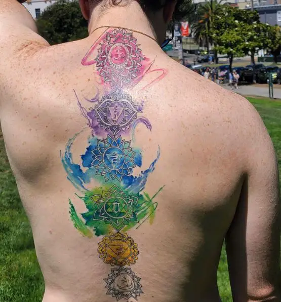 Colorful Chakra Spine Tattoo