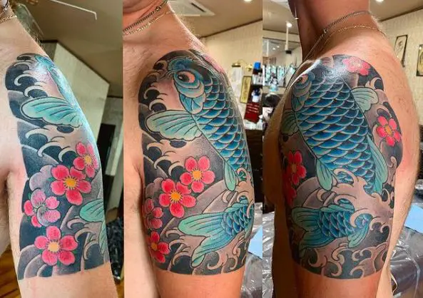 Flowers and Blue Koi Fish Half Sleeve Tattoo