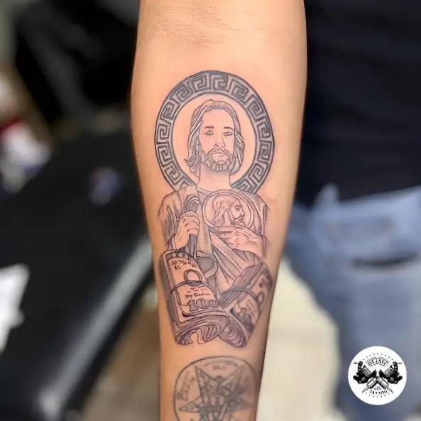 Dollars and San Judas Arm Tattoo