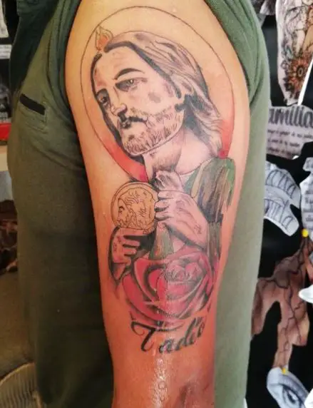 Colorful San Judas Biceps Tattoo