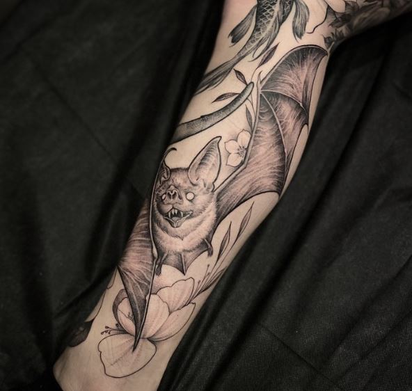 Branches with Flowers and Vampire Bat Tattoo