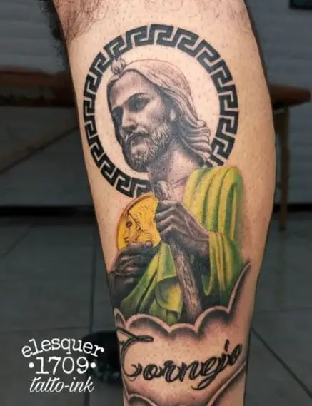 Colored San Judas with Greek Style Halo Tattoo