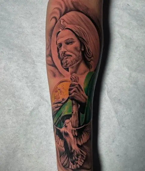 Pigeon and San Judas Arm Tattoo