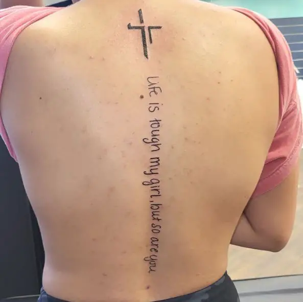 Cross and Message Spine Tattoo
