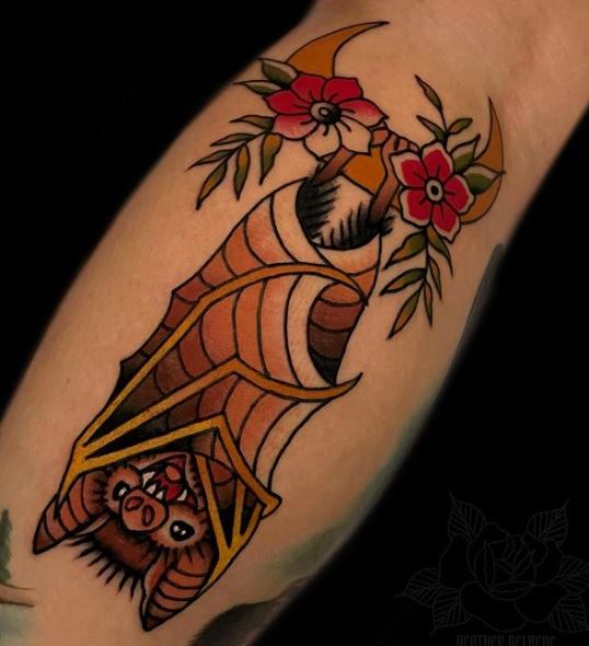 Branch with Flowers and Bat Tattoo