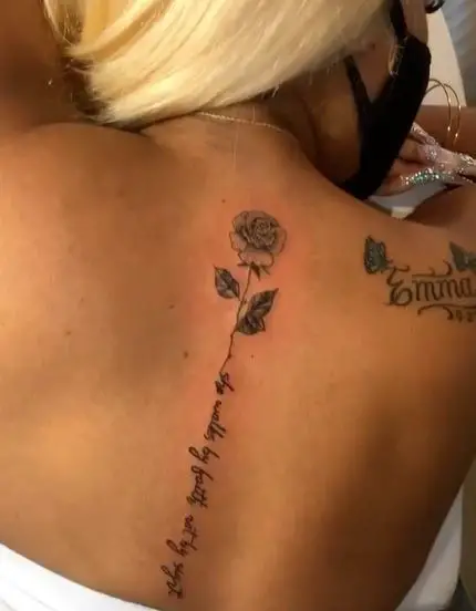Grey Rose and Script Spine Tattoo