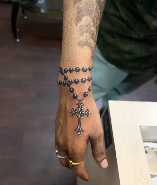 Black & White Wrist Rosary Tattoo
