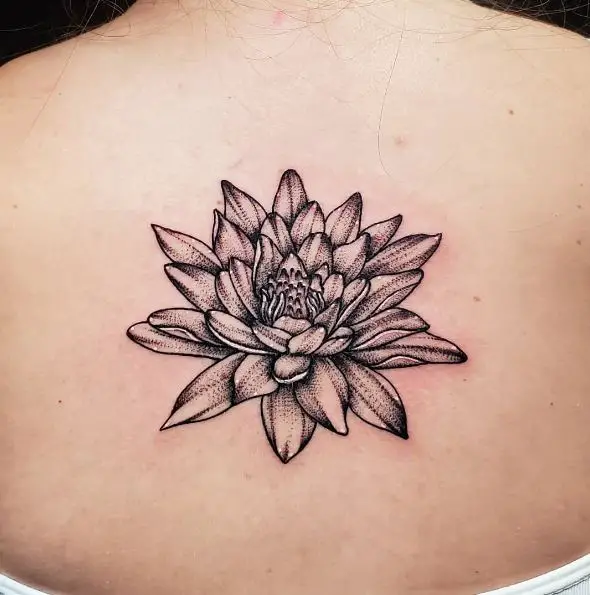 Black Shaded Traditional Water Lily Back Tattoo