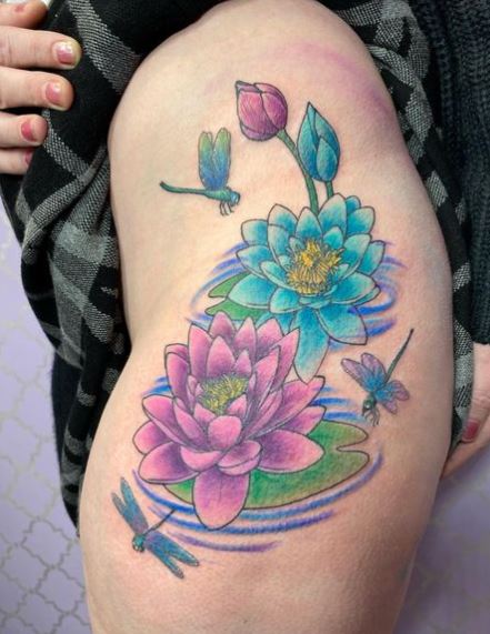 Colorful Dragonflies and Water Lilies Tattoo