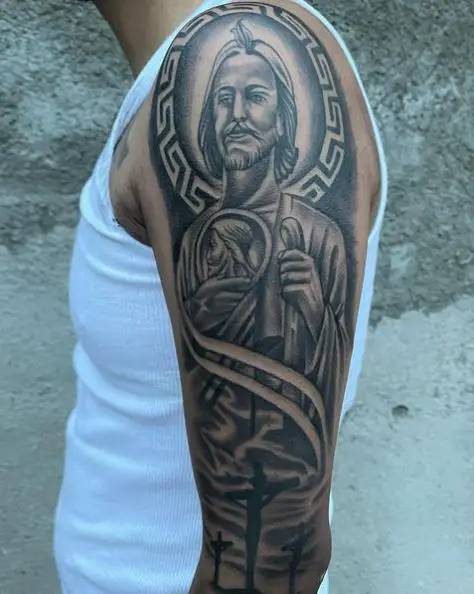Crucifixion and San Judas with Greek Style Halo Tattoo