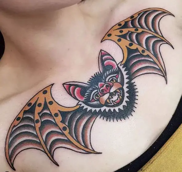 Colorful Vampire Bat Chest Tattoo