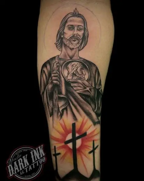 Crucifixion and Sun below San Judas Tattoo