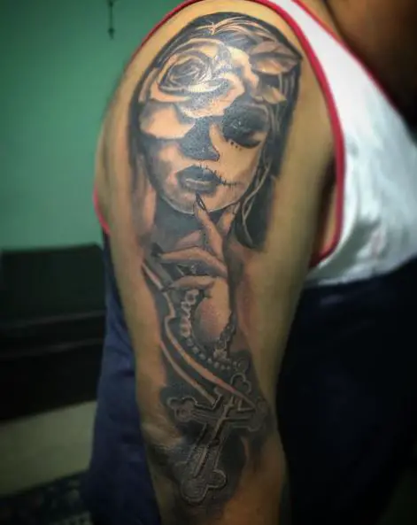 Girl with Rosary and Rose Tattoo