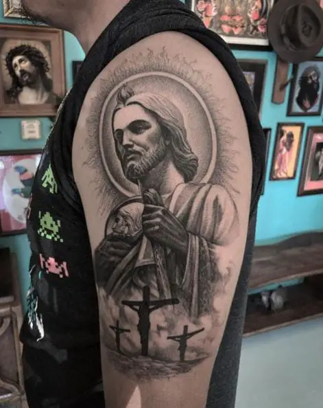 Grey San Judas Shoulder Tattoo