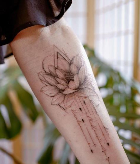 Worrior Marks and Grey Water Lily Arm Tattoo