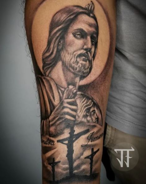 Brown Shaded San Judas Arm Tattoo