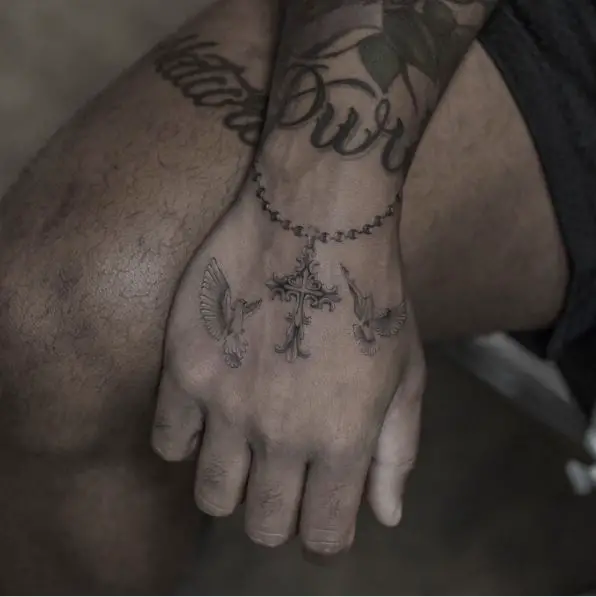 Rosary Tattoo with Cross and Doves