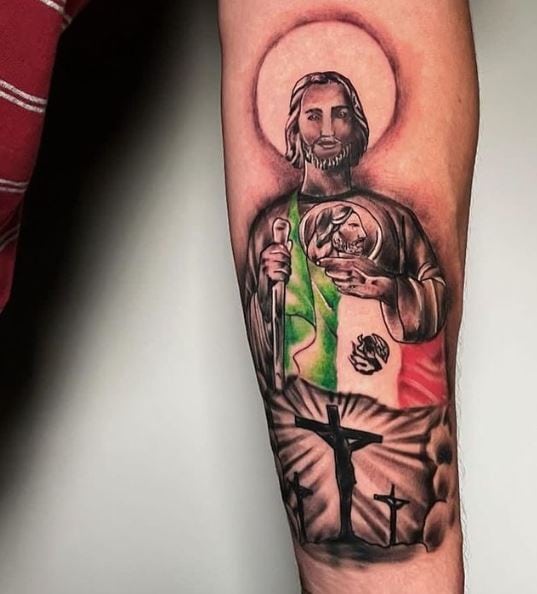 San Judas with Mexico Flag Arm Tattoo