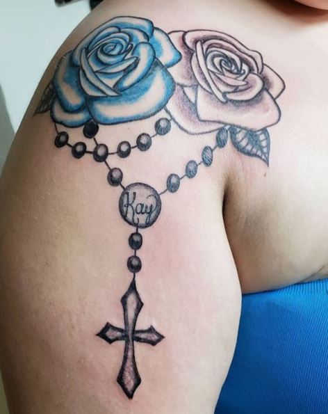 Blue and Grey Roses with Rosary Tattoo
