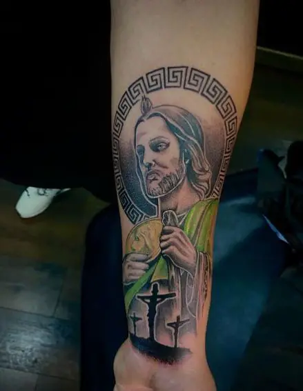 Three Crosses and San Judas with Green Rope Tattoo
