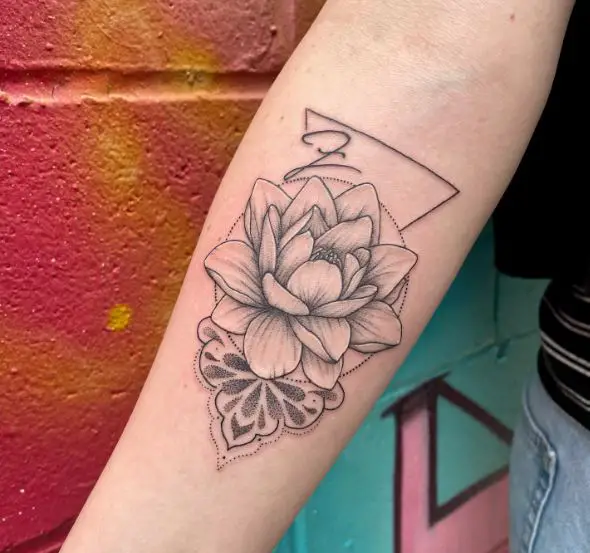 Grey Shaded Water Lily Forearm Tattoo with Ornaments