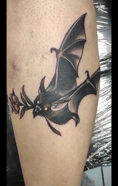 Black Vampire Bat Leg Tattoo