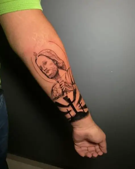 Black and White San Judas Forearm Tattoo