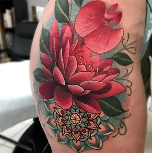 Red Bloomed Water Lily Tattoo with Mandala