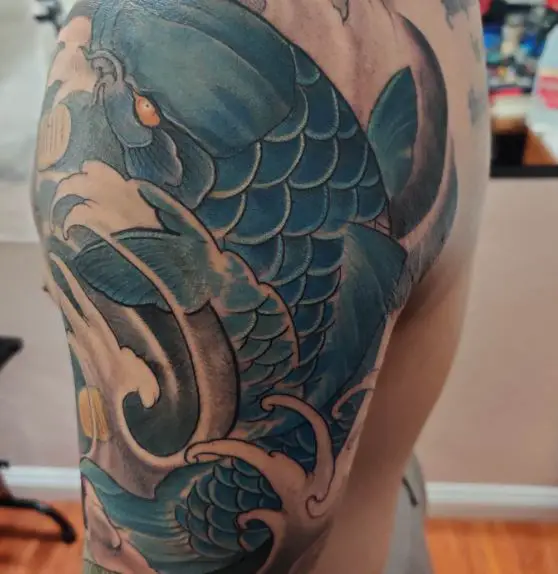Blue Koi Fish Sleeve Arm Tattoo