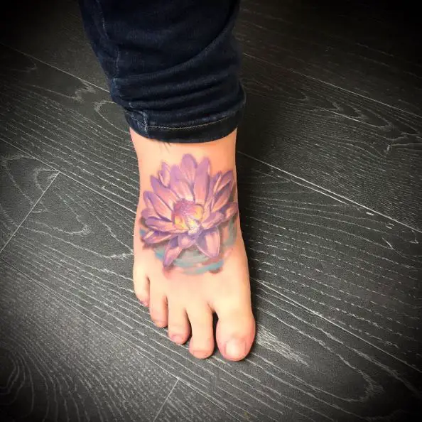 Colorful Traditional Water Lily Foot Tattoo