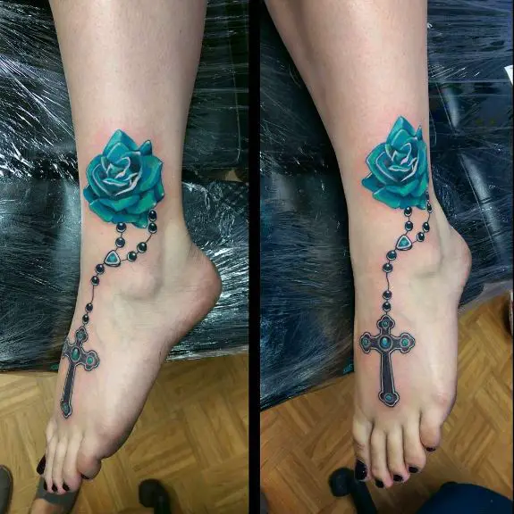 Rose and Rosary Tattoo on Foot