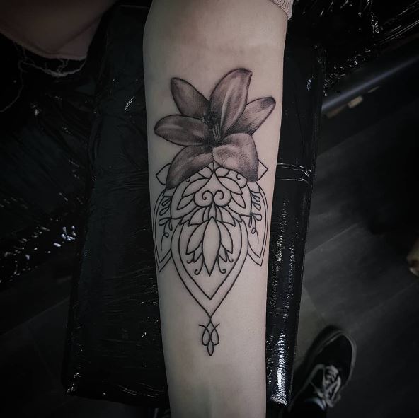 Black and Grey Water Lily Forearm Tattoo