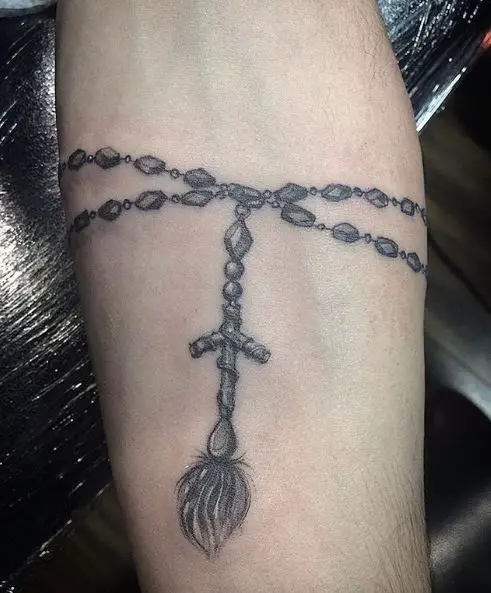 Grey Rosary Tattoo on Leg