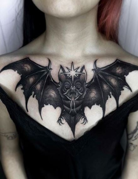 Black Sparkling Bat Chest Tattoo