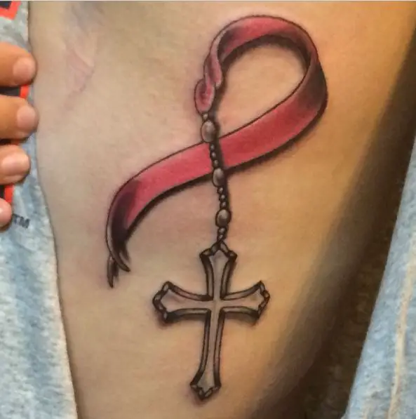 Breast Cancer Ribbon and Rosary Tattoo