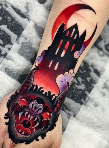 Dracula Castle and Vampire Bat Hand Tattoo