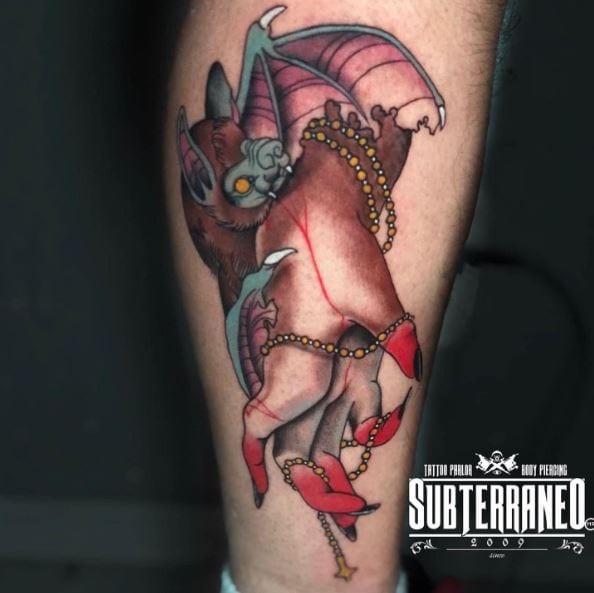 Bloody Hand and Vampire Bat Leg Tattoo
