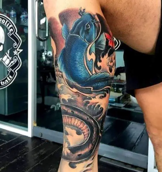 Blue Koi Fish Leg Tattoo