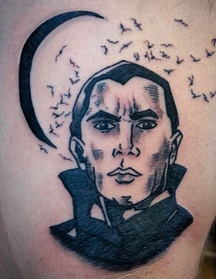 Black and Grey Dracula with Bats Tattoo