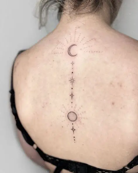 Moon Stars and Sun Spine Tattoo
