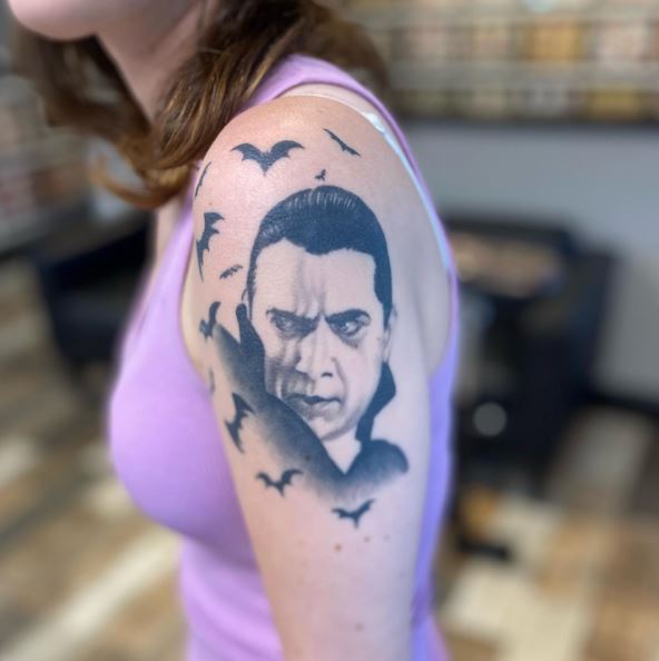 Dracula and Bats Shoulder Tattoo