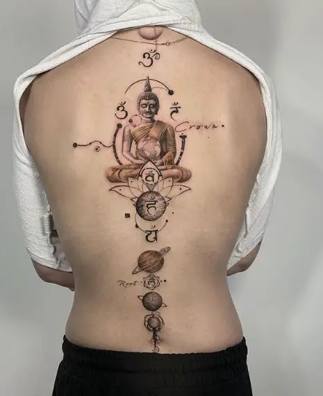 Buddha and Planets Spine Tattoo