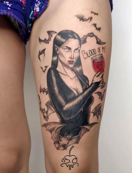 Vampire Lady and Bats Thigh Tattoo
