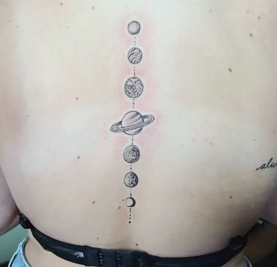 Grey Planets Spine Tattoo