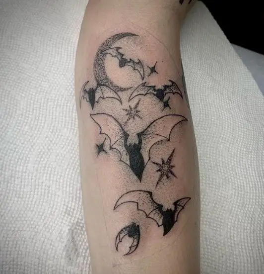 Moon and Stars with Flying Bats Arm Tattoo