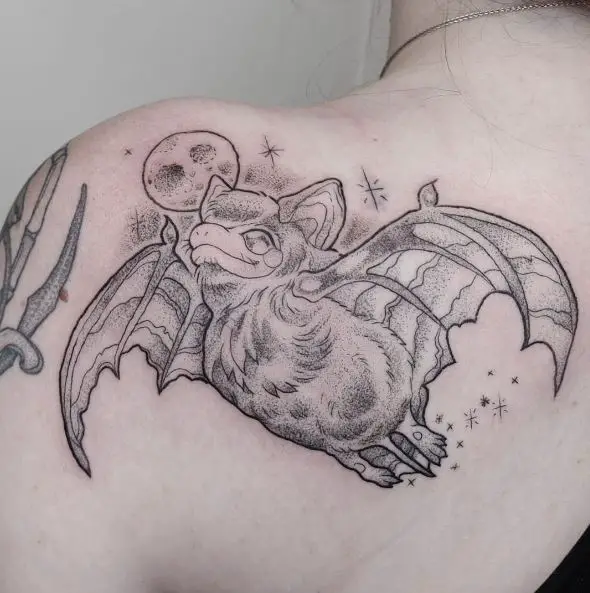 Moon and Bat Shoulder Tattoo