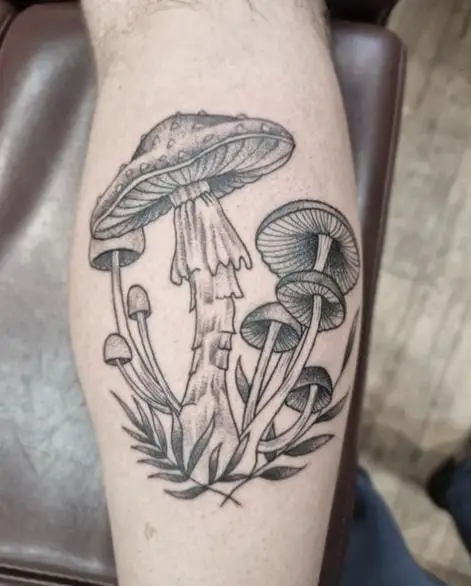 Black & Grey Mushrooms and Leaves Tattoo