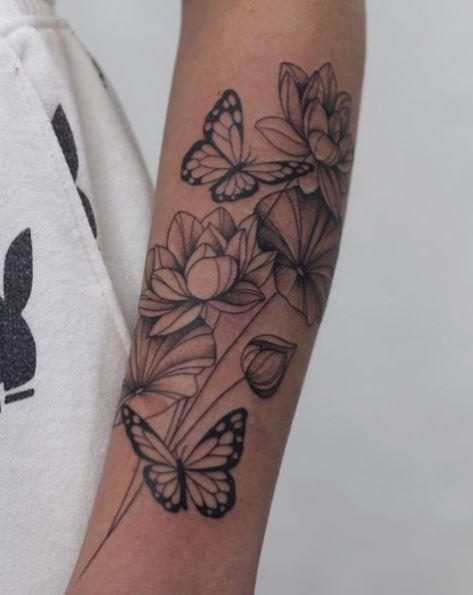 Butterflies and Traditional Water Lilies Arm Tattoo