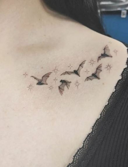 Night Sky and Flying Bats Shoulder Tattoo