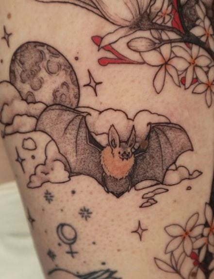 Night Sky Flowers and Bat Arm Tattoo